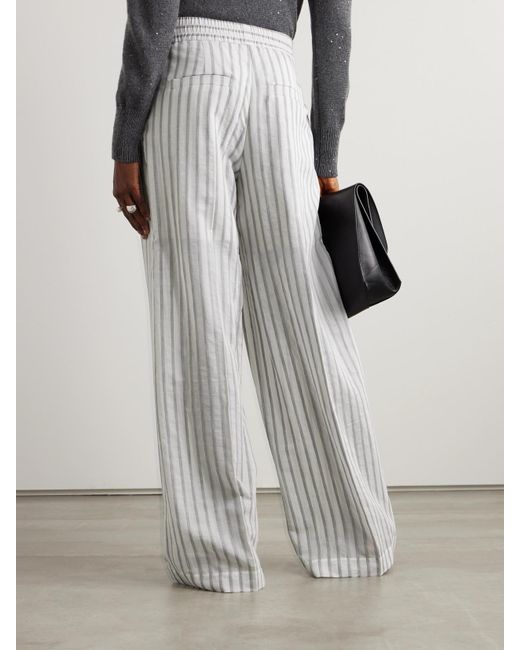 Brunello Cucinelli White Pleated Striped Cotton And Silk-Blend Wide-Leg Pants