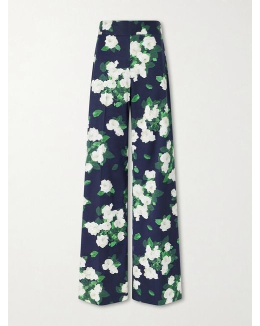 Carolina Herrera Blue Diane Floral-Print High-Rise Cotton-Blend Wide-Leg Pants