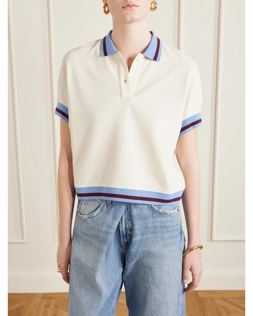 Marni Blue Embroidered Striped Cotton-Piqué Polo Shirt
