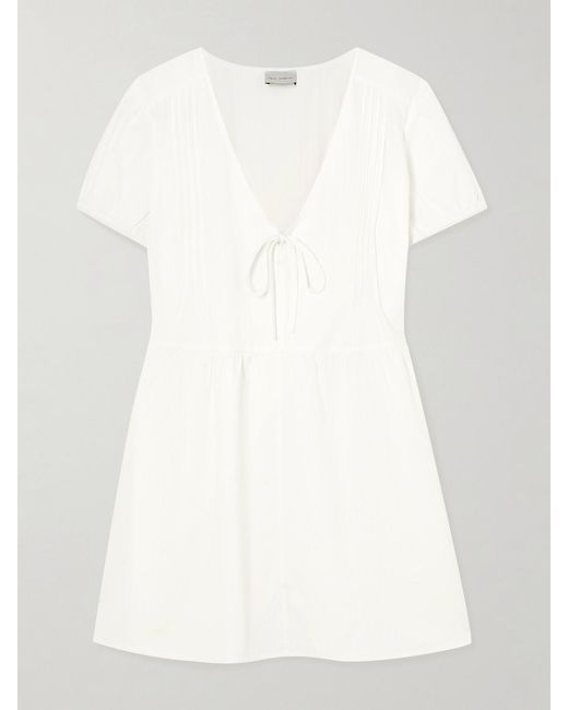 Deiji Studios White Pintucked Tie-Detailed Organic Cotton Mini Dress