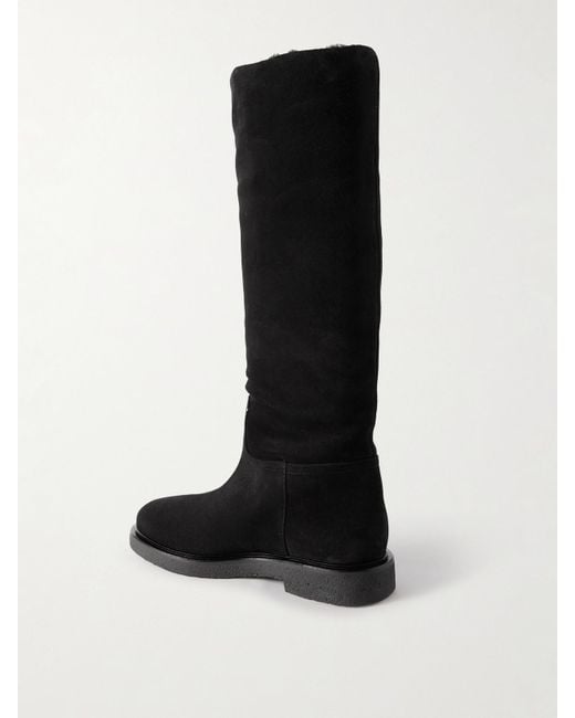 LEGRES Black Shearling-Lined Suede Knee Boots