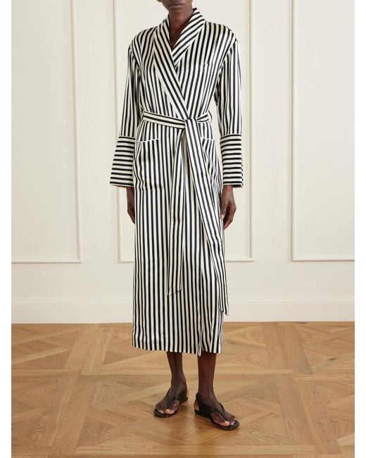 Olivia Von Halle White Nika Belted Striped Silk-Satin Robe