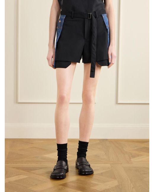 Sacai Blue Belted Wool-Trimmed Denim Shorts