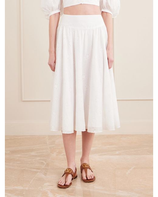Thierry Colson White Pamela Pleated Broderie Anglaise Cotton Midi Skirt