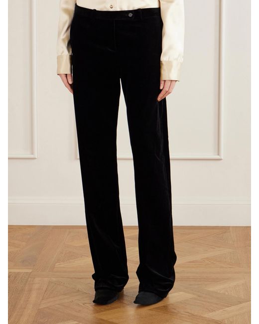 Khaite Black Hunter Velvet Cotton-Blend Straight-Leg Pants