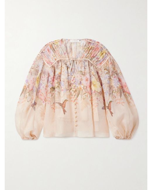 Zimmermann Natural Illuminate Pleated Floral-Print Linen And Silk-Blend Blouse