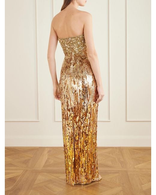 Jenny Packham Metallic Cesonia Strapless Sequined Chiffon Gown