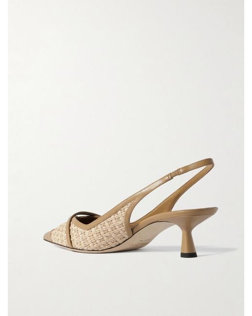 Jimmy Choo Natural Amita 45 Faux Pearl-Embellished Leather-Trimmed Raffia Slingback Pumps