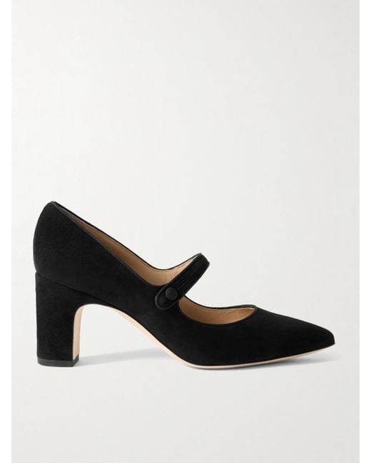 Manolo Blahnik Black Campariba 70 Grosgrain-Trimmed Suede Mary Jane Pumps