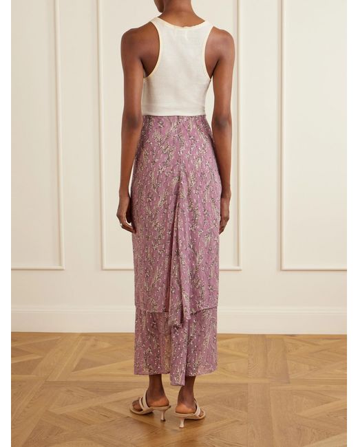 Veronica Beard Pink Sira Ruffled Floral-Print Metallic Maxi Skirt