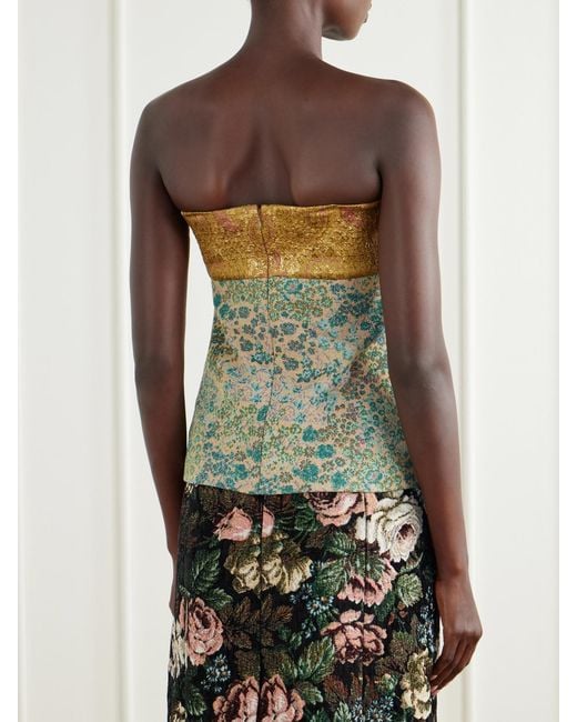 Dries Van Noten Green Strapless Metallic Floral-Jacquard Top