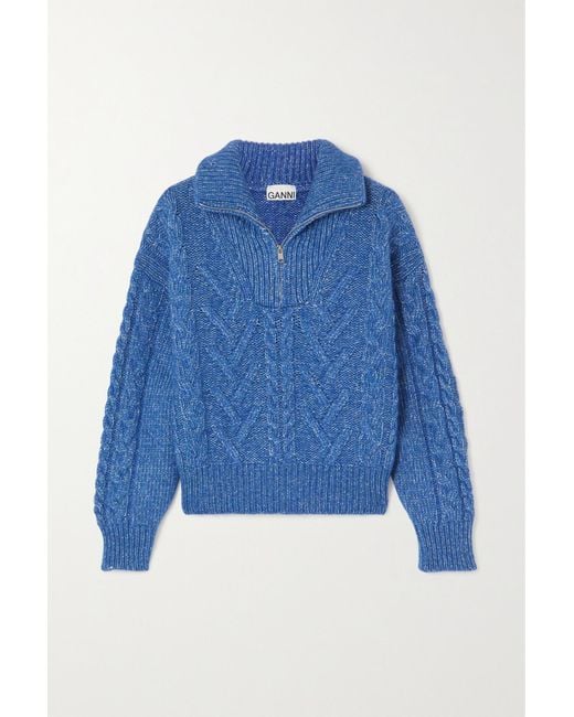 Ganni Cableknit Organic Cottonblend Halfzip Sweater in Blue Lyst