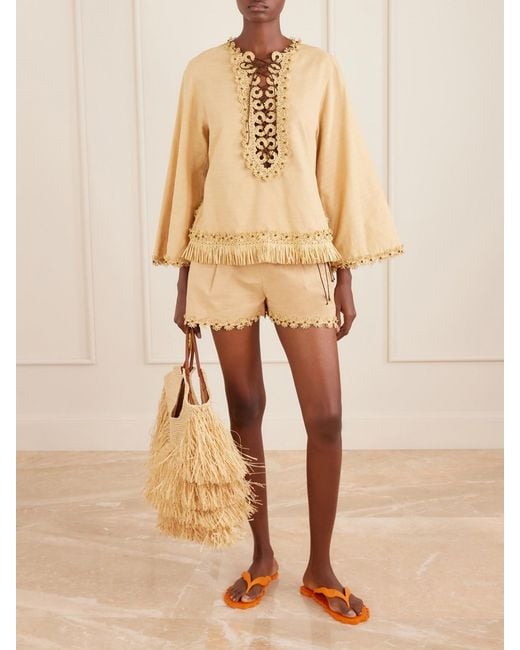 Zimmermann Natural Mahon Flower Pleated Leather And Raffia-Trimmed Cotton Shorts
