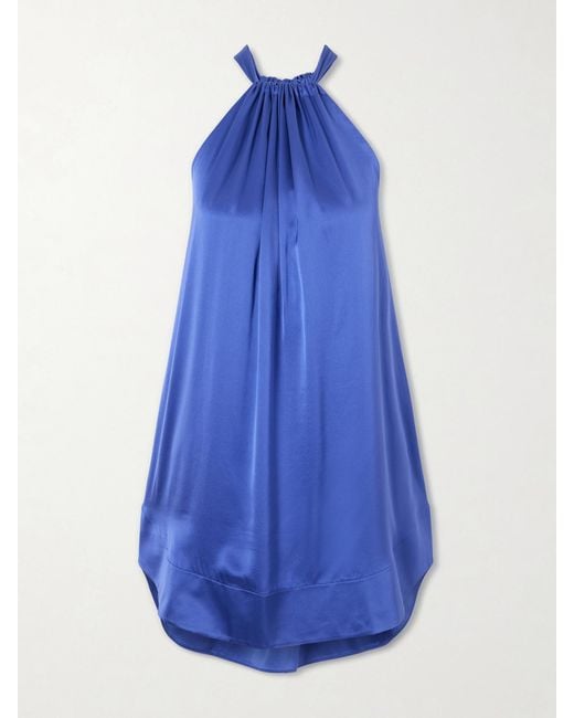 Aflalo Blue Bexley Gathered Silk-Satin Halterneck Mini Dress