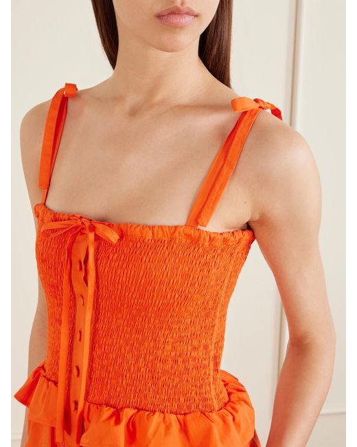 Loretta Caponi Orange Alberica Ruffled Tiered Shirred Cotton-Poplin Midi Dress