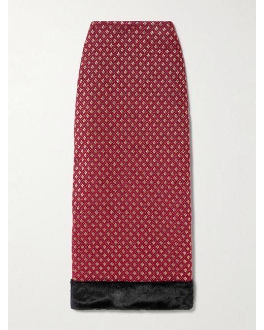 D'Estree Red Monica Plush-Trimmed Metallic Jacquard Midi Skirt