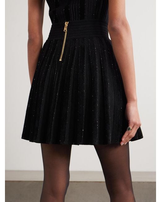 Balmain Black Pleated Sequin-Embellished Velvet And Ribbed-Knit Mini Skirt