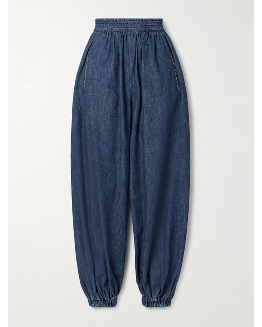 Valentino Garavani Blue Tasseled Embroidered Chambray Tapered Pants
