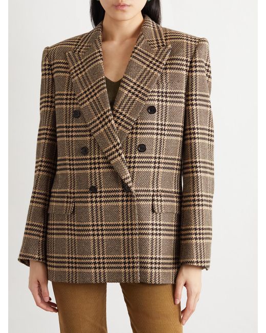 Saint Laurent Brown Double-Breasted Checked Silk And Cashmere-Blend Blazer