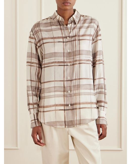 Brunello Cucinelli Natural Checked Silk-Satin Shirt