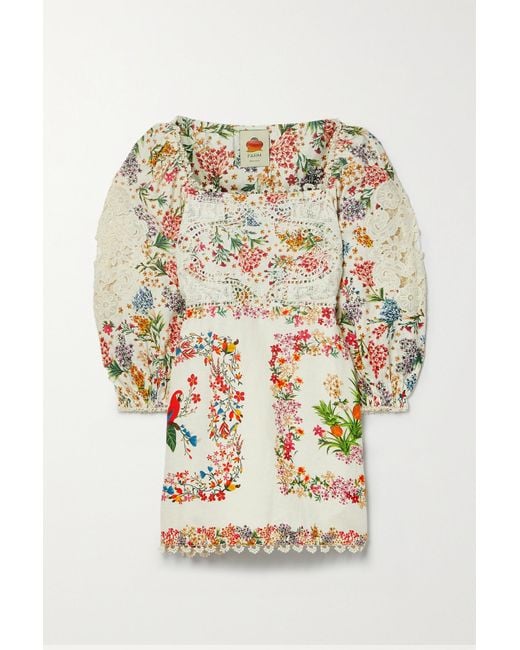 FARM Rio Guipure Lace-trimmed Floral-print Linen-blend Voile Mini Dress