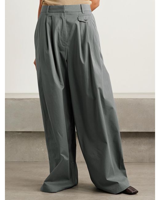 Tibi Gray Pleated Cotton-Twill Wide-Leg Pants
