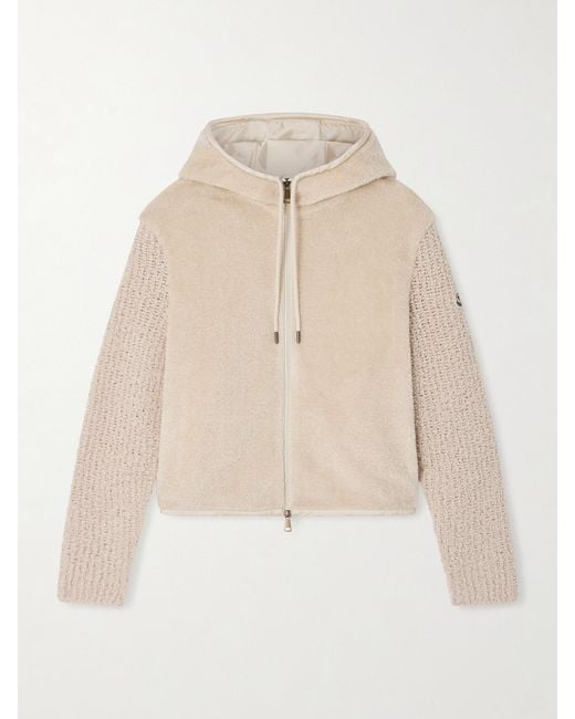 Moncler Natural Hooded Fleece And Wool-Blend Bouclé Cardigan
