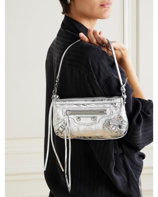 Balenciaga White Le City Mini Metallic Crinkled-Leather Shoulder Bag