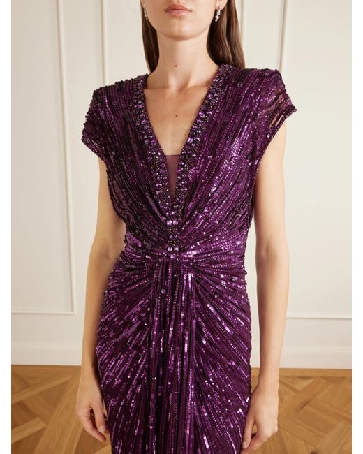 Jenny Packham Purple Lacie Twisted Embellished Tulle Gown