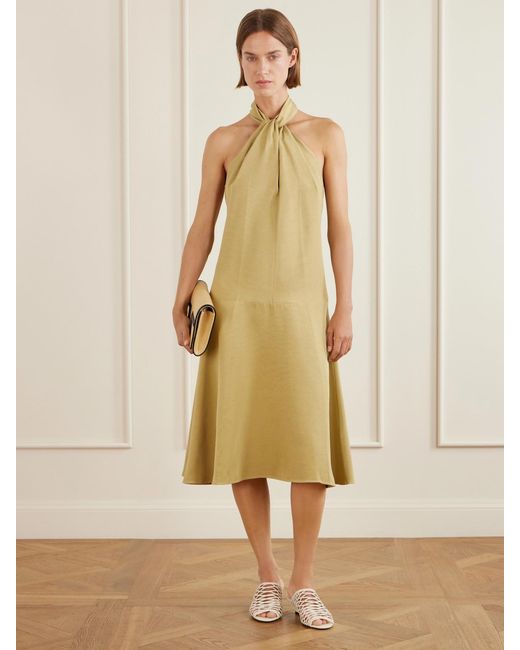 Totême  Yellow Scarf-Detailed Woven Halterneck Midi Dress