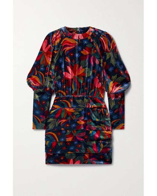 FARM Rio Ruched Floral-print Velvet Mini Dress in Red | Lyst Canada