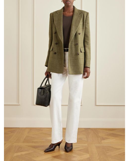 Ralph Lauren Green Ramona Double-Breasted Windowpane Linen, Cashmere And Silk-Blend Blazer