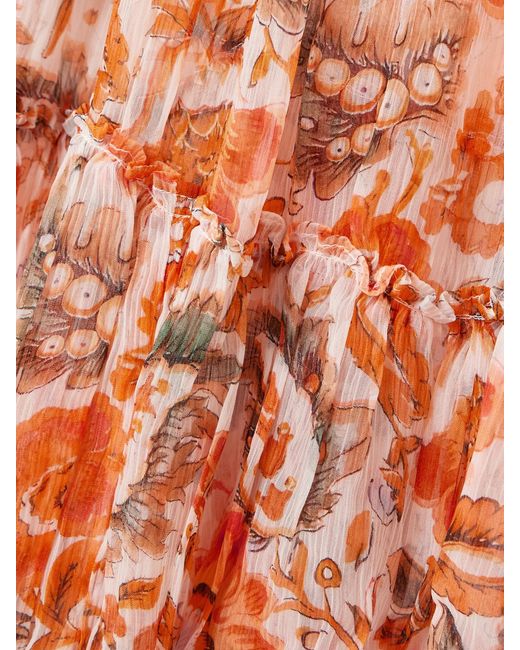 Alix Of Bohemia Orange Lilium Topaz Flower Pleated Ruffled Printed Georgette Midi Dress