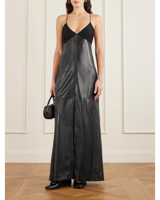 Veronica de Piante Black Amelia Embellished Silk-Trimmed Leather Maxi Dress
