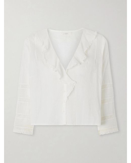 Doen White Huguette Ruffled Pleated Lace-Trimmed Organic Cotton Blouse