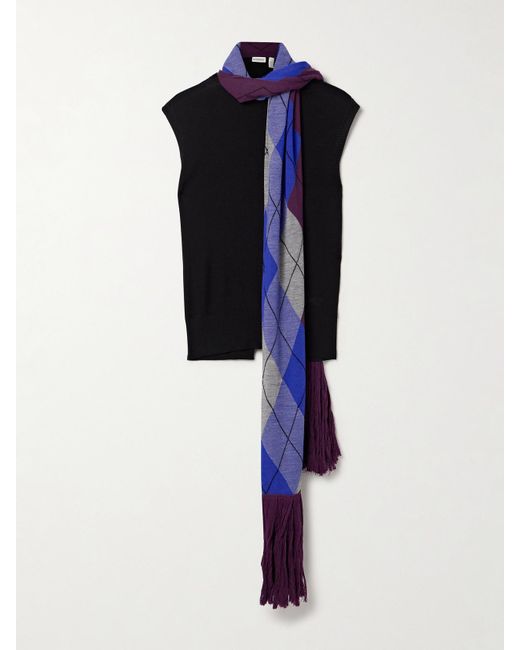 Burberry Blue Pullunder Aus Wolle Mit Schal Mit Argyle-Muster Und Fransen