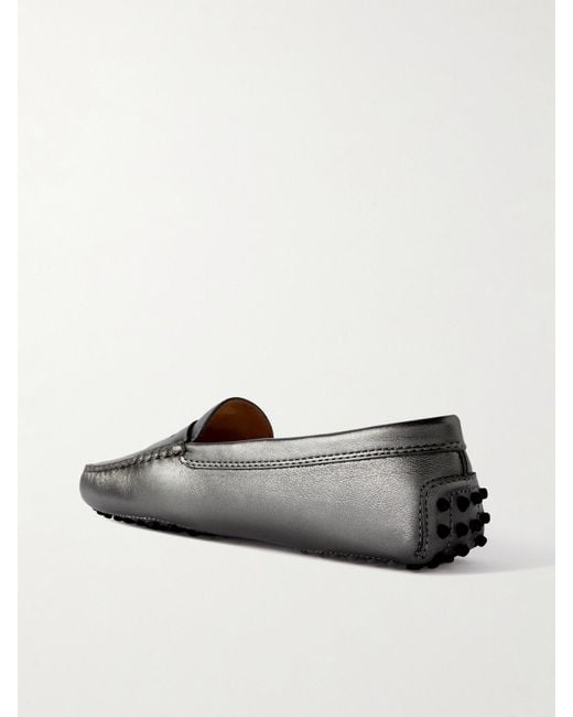Tod's Gray Gommino Loafers Aus Metallic-Leder