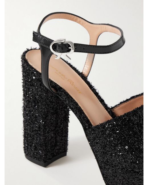 Gianvito Rossi Black 110 Patent-Leather Trimmed Embellished Tulle Platform Sandals