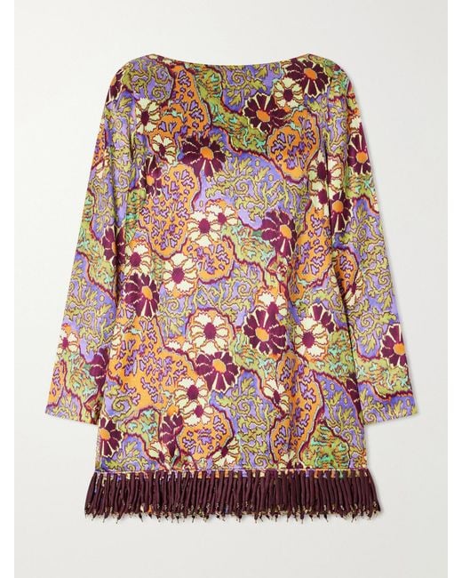 ALÉMAIS Multicolor Floral-Print Fringed Satin Mini Dress
