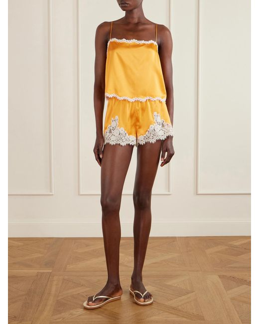 Doen Yellow Loure Lace-Trimmed Silk-Satin Top