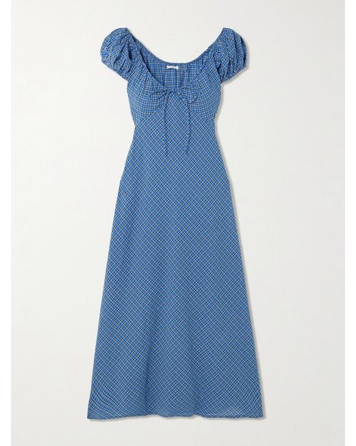 Doen Blue Sofia Checked Organic Cotton-Voile Midi Dress