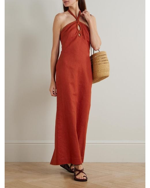 ANDRES OTALORA Red Atardeceres Cutout Embellished Halterneck Maxi Dress