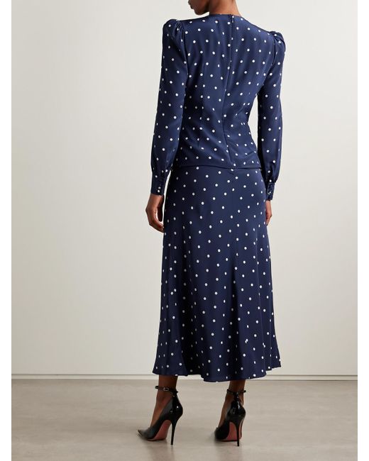 Alessandra Rich Blue Midikleid Aus Crêpe De Chine Aus Seide Mit Polka-Dots, Falten Und Verzierungen