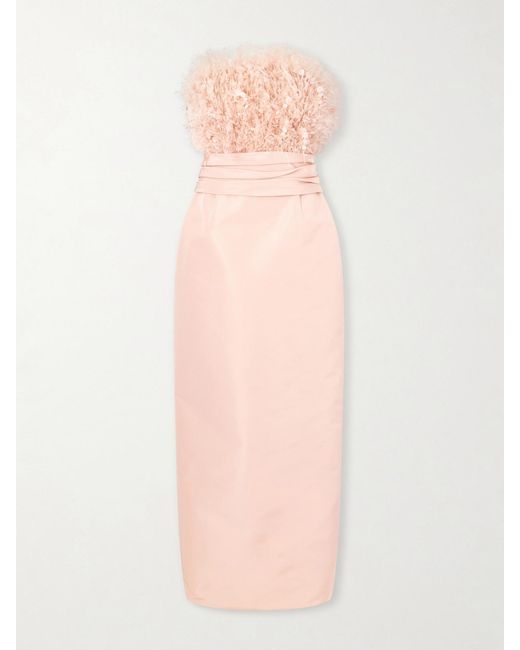 Oscar de la Renta Pink Point D'Esprit Strapless Embellished Feather-Trimmed Silk-Faille Gown