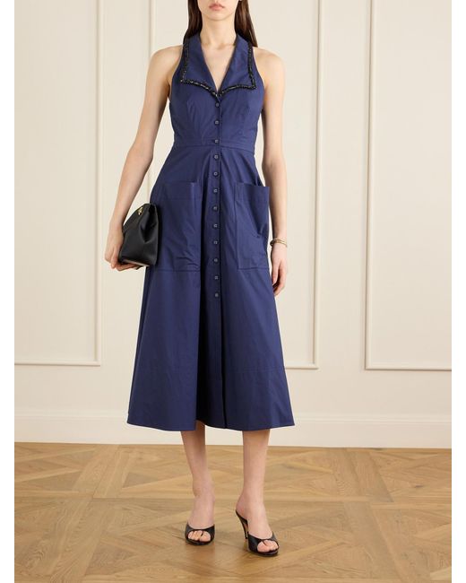 Saloni Blue Jessica Crystal-Embellished Cotton-Blend Poplin Midi Dress