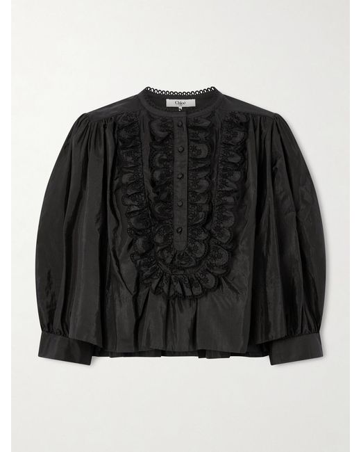 Chloé Black Ruffled Broderie Anglaise-Trimmed Taffeta Blouse
