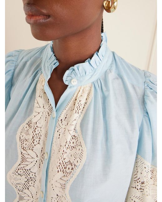 Alix Of Bohemia Blue Annabel Sky Lace-Trimmed Cotton And Silk-Blend Blouse