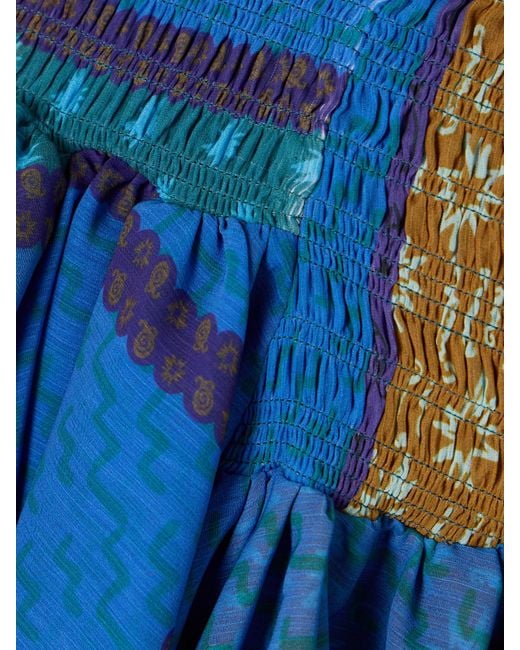Donde Esteban Blue Estrellitas Gestufter Minirock Aus Bedrucktem Chiffon Mit Raffungen