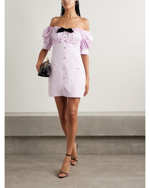 Alessandra Rich Pink Velvet-Trimmed Ruffled Cotton-Poplin Mini Dress
