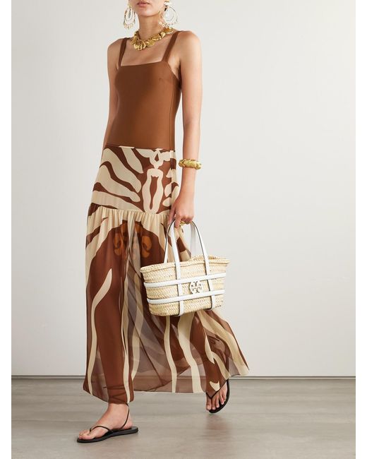 Johanna Ortiz Brown Bohemia Gathered Printed Recycled-Chiffon Maxi Skirt